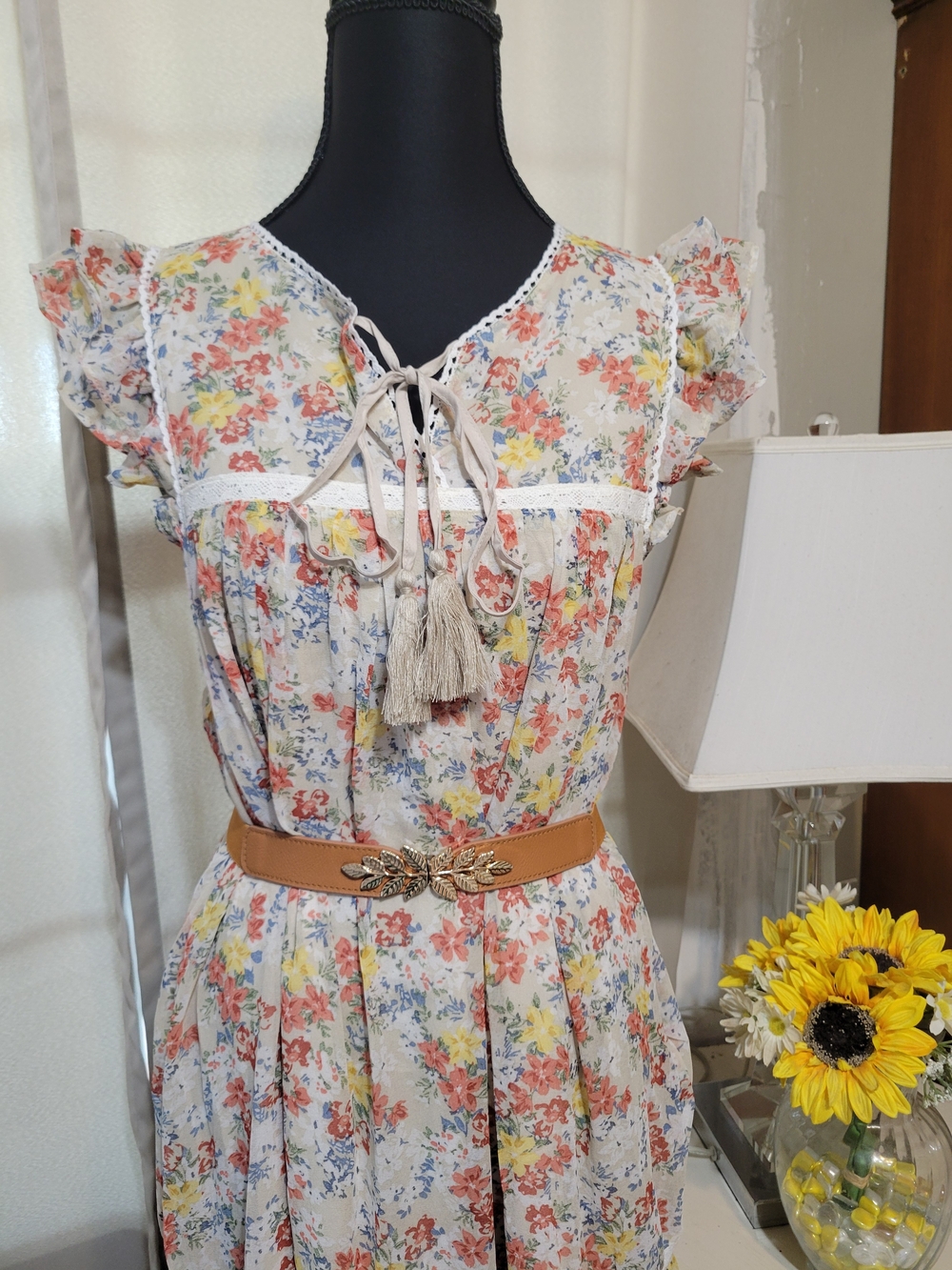 Bohemian Floral Maxi Dress with Tassel Tie - Cream Floral - Picture 2 of 6
